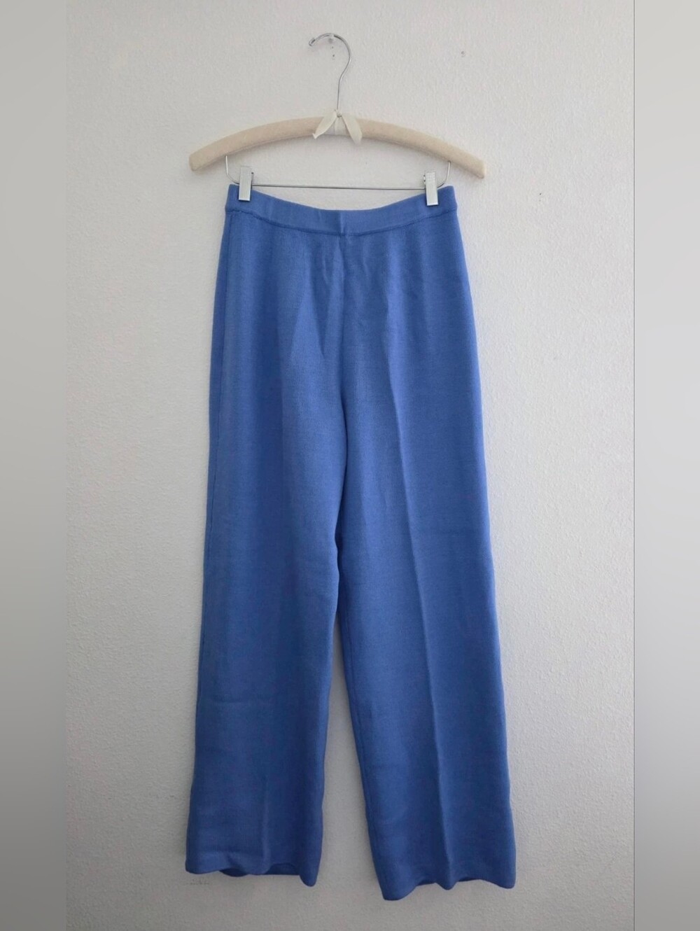 St John Evening Marie Gray Pants In Blue Santana Knit Wide Leg Flat Front Sz 8